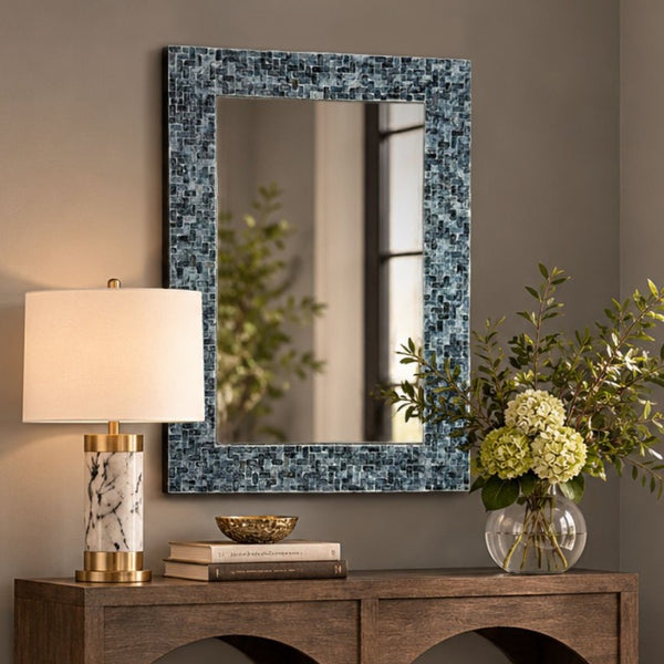 JLA Home 24X35 Capiz Shell Mosaic Wall Mirror Iridescent Ocean Blue Coastal Artisan Decor NM95F-0005