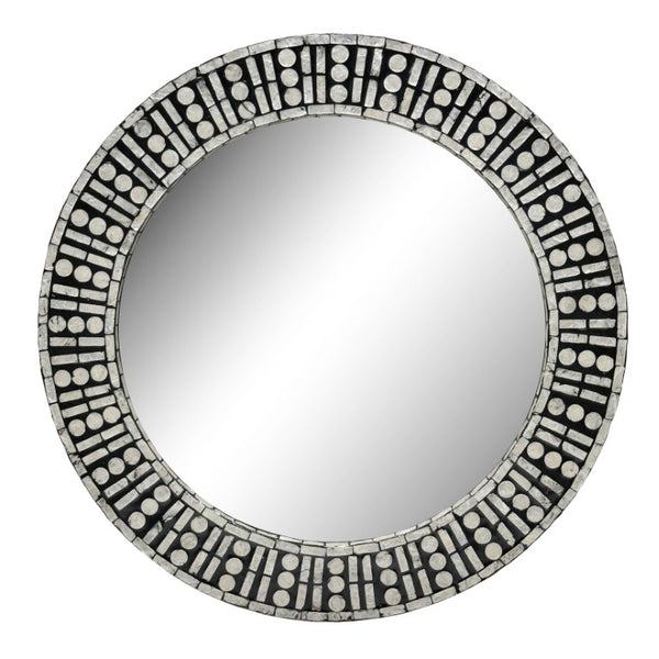 JLA Home 24D Round Capiz Shell Mosaic Wall Mirror Handcrafted Black Lacquer Boho Accent NM95F-0006