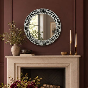 JLA Home 24D Round Capiz Shell Mosaic Wall Mirror Handcrafted Black Lacquer Boho Accent NM95F-0006