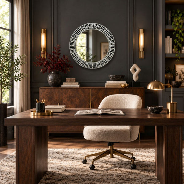 JLA Home 24D Round Capiz Shell Mosaic Wall Mirror Handcrafted Black Lacquer Boho Accent NM95F-0006