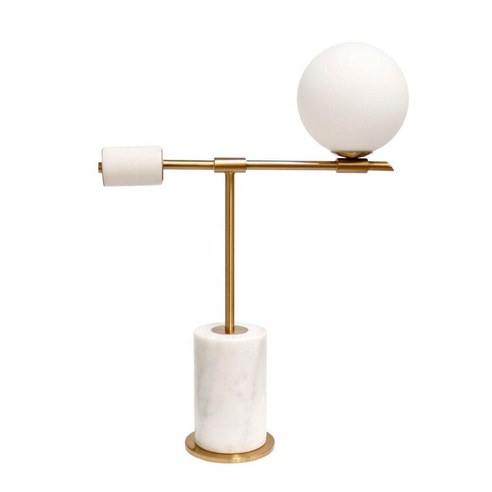 Pasargad Home Bianca Table Lamp - Chic Opal Globe & Gold Metal Arm On Elegant Marble Base, H26" White Metal & Marble Pmt-30208