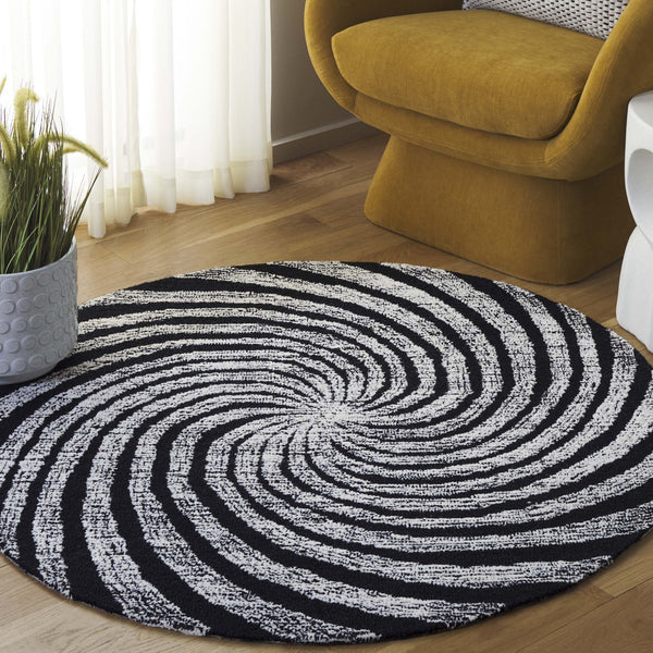 Safavieh Novelty Round Area Rug - Luxurious Wool-cotton Blend With Timeless Elegance And Minimalist Design Black ,Ivory 80% Wool,20% Cotton Nov201z-4r