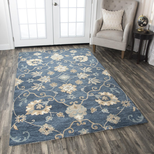 Alora Decor Napoli Hand-Tufted Round Wool Rug In Indigo With Floral Motif, Durable Bound Edges, Luxe Pile (100") 10' x 10' NAPNP1003000910RD