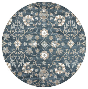 Alora Decor Napoli Hand-Tufted Round Wool Rug In Indigo With Floral Motif, Durable Bound Edges, Luxe Pile (100") 10' x 10' NAPNP1003000910RD