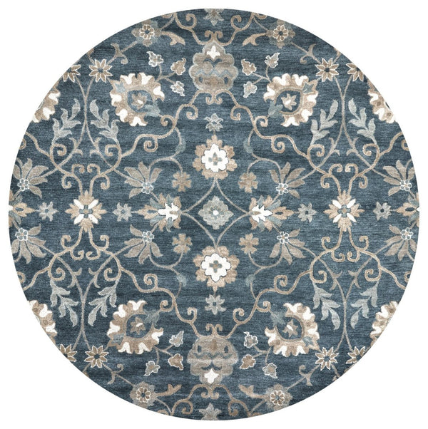 Alora Decor Napoli Hand-Tufted Round Wool Rug In Indigo With Floral Motif, Durable Bound Edges, Luxe Pile (100") 10' x 10' NAPNP1003000910RD