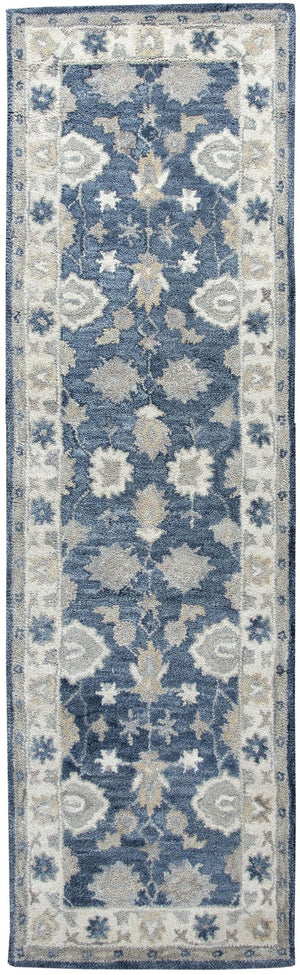 Alora Decor Napoli Hand-Tufted Wool Runner 2'6"X8' Indigo Floral Transitional Rug Durable Soft Natural Fiber NAPNP102000092608