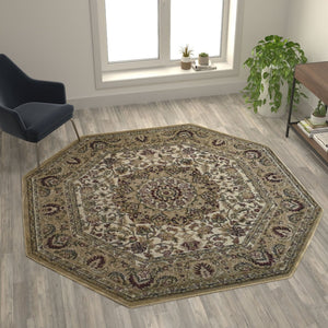 English Elm Mersin Collection Persian-Style Runner Rug - Durable Olefin with Jute Backing for Hallways & Living Spaces Ivory 7' Octagon NR-RG1883-77-IV-GG