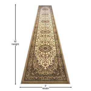 English Elm Mersin Collection Persian-Style Runner Rug - Durable Olefin with Jute Backing for Hallways & Living Spaces Ivory 3' x 15' NR-RG29-315-IV-GG