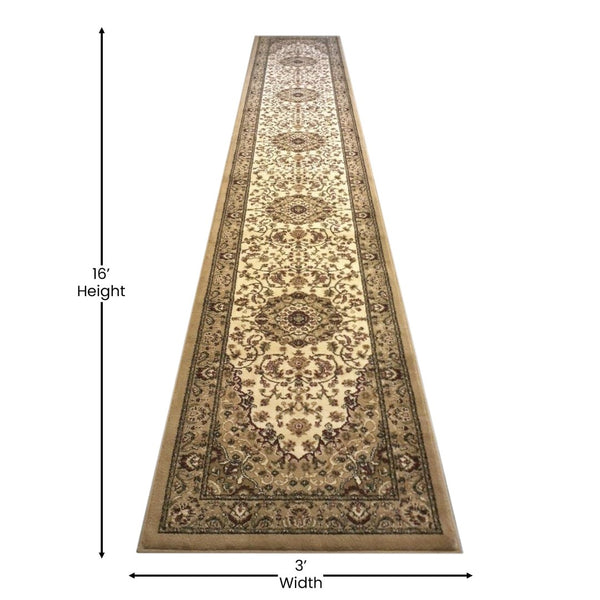 English Elm Mersin Collection Persian-Style Runner Rug - Durable Olefin with Jute Backing for Hallways & Living Spaces Ivory 3' x 15' NR-RG29-315-IV-GG