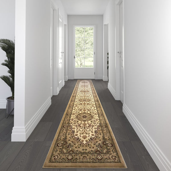 English Elm Mersin Collection Persian-Style Runner Rug - Durable Olefin with Jute Backing for Hallways & Living Spaces Ivory 3' x 15' NR-RG29-315-IV-GG