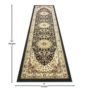 English Elm Mersin Collection Persian-Style Runner Rug - Durable Olefin with Jute Backing for Hallways & Living Spaces Black 3' x 10' NR-RG9-310-BK-GG