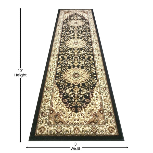 English Elm Mersin Collection Persian-Style Runner Rug - Durable Olefin with Jute Backing for Hallways & Living Spaces Black 3' x 10' NR-RG9-310-BK-GG