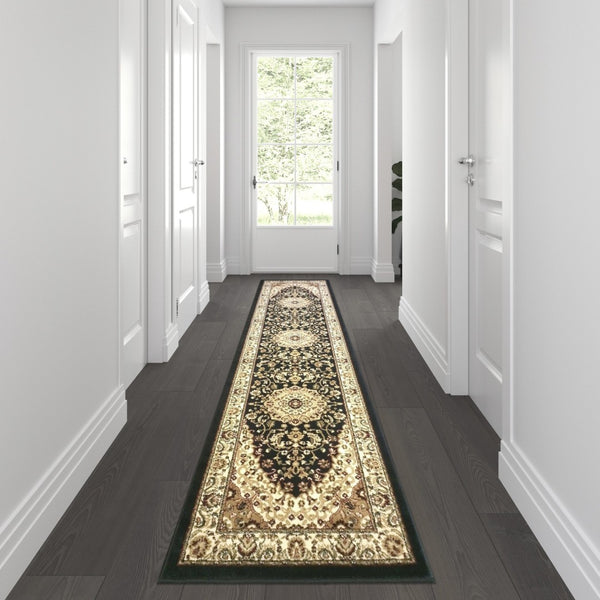 English Elm Mersin Collection Persian-Style Runner Rug - Durable Olefin with Jute Backing for Hallways & Living Spaces Black 3' x 10' NR-RG9-310-BK-GG