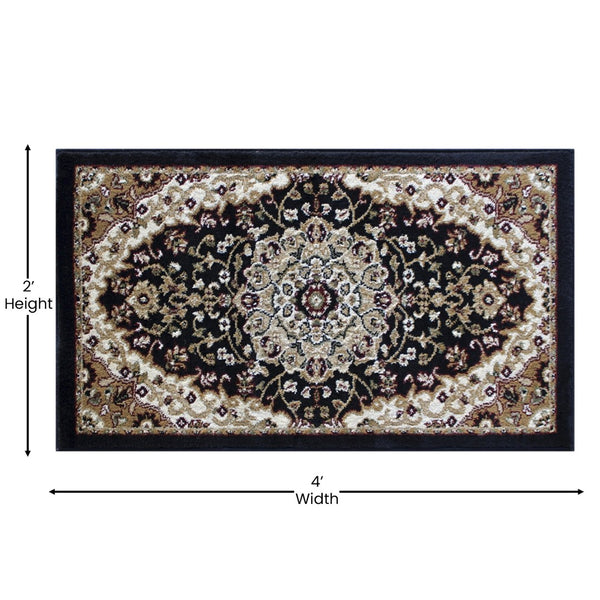 English Elm Mersin Collection Persian-Style Runner Rug - Durable Olefin with Jute Backing for Hallways & Living Spaces Black 2' x 3' NR-RGB401-23-BK-GG