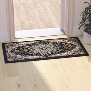 English Elm Mersin Collection Persian-Style Runner Rug - Durable Olefin with Jute Backing for Hallways & Living Spaces Black 2' x 3' NR-RGB401-23-BK-GG
