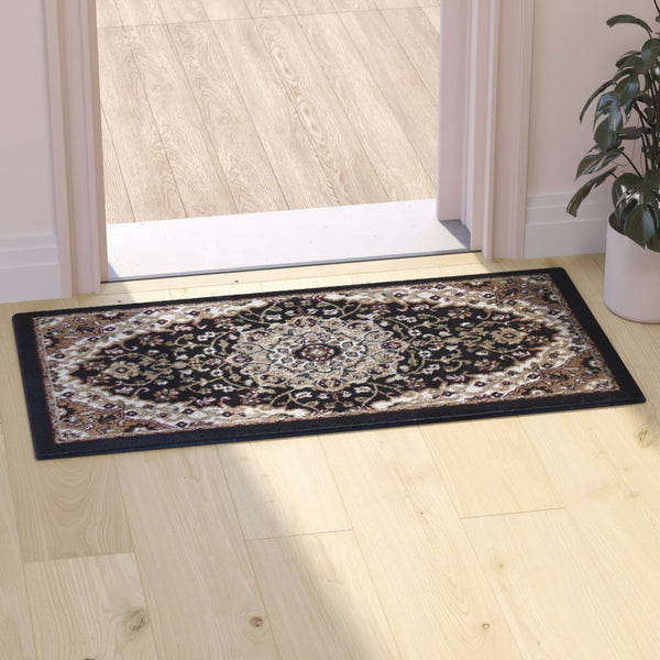 English Elm Mersin Collection Persian-Style Runner Rug - Durable Olefin with Jute Backing for Hallways & Living Spaces Black 2' x 3' NR-RGB401-23-BK-GG