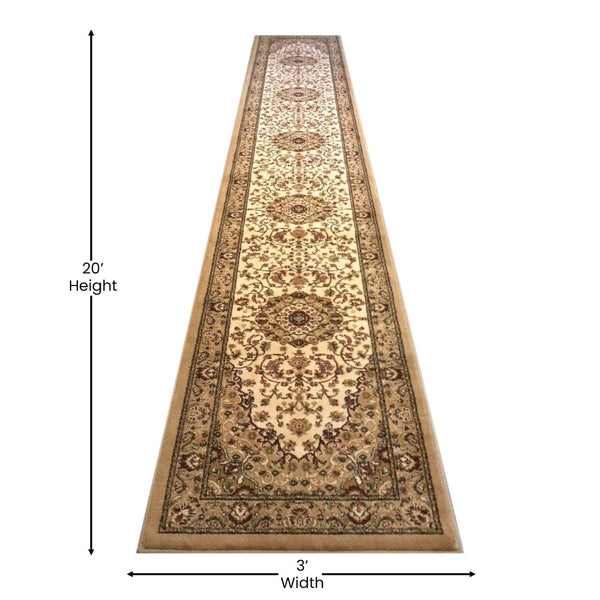 English Elm Mersin Collection Persian-Style Runner Rug - Durable Olefin with Jute Backing for Hallways & Living Spaces Ivory 3' x 20' NR-RGB401-320-IV-GG