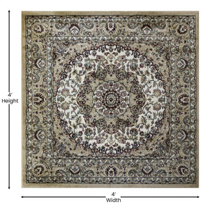 English Elm Mersin Collection Persian-Style Runner Rug - Durable Olefin with Jute Backing for Hallways & Living Spaces Ivory 4' Square NR-RGB401-44-IV-GG