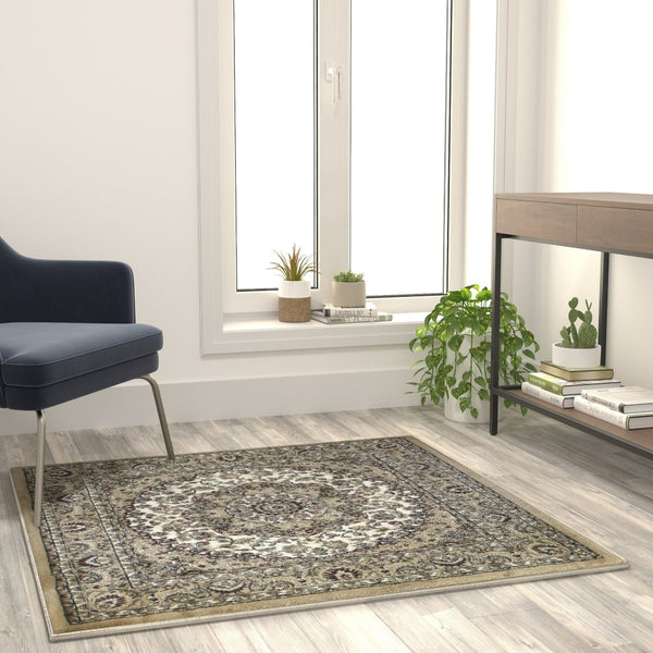 English Elm Mersin Collection Persian-Style Runner Rug - Durable Olefin with Jute Backing for Hallways & Living Spaces Ivory 4' Square NR-RGB401-44-IV-GG