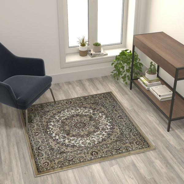 English Elm Mersin Collection Persian-Style Runner Rug - Durable Olefin with Jute Backing for Hallways & Living Spaces Ivory 4' Square NR-RGB401-44-IV-GG