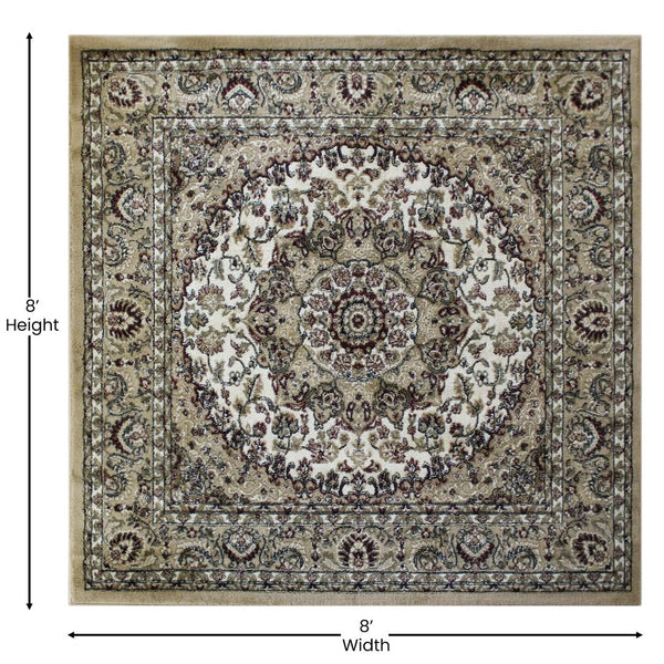 English Elm Mersin Collection Persian-Style Runner Rug - Durable Olefin with Jute Backing for Hallways & Living Spaces Ivory 7' Square NR-RGB401-77-IV-GG