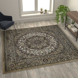 English Elm Mersin Collection Persian-Style Runner Rug - Durable Olefin with Jute Backing for Hallways & Living Spaces Ivory 7' Square NR-RGB401-77-IV-GG
