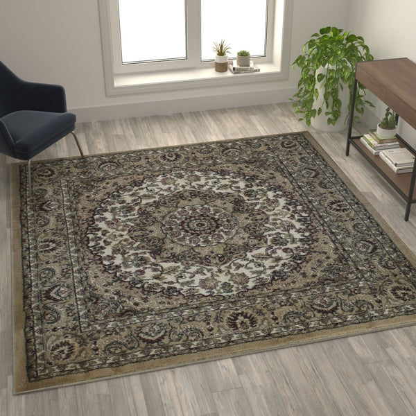 English Elm Mersin Collection Persian-Style Runner Rug - Durable Olefin with Jute Backing for Hallways & Living Spaces Ivory 7' Square NR-RGB401-77-IV-GG