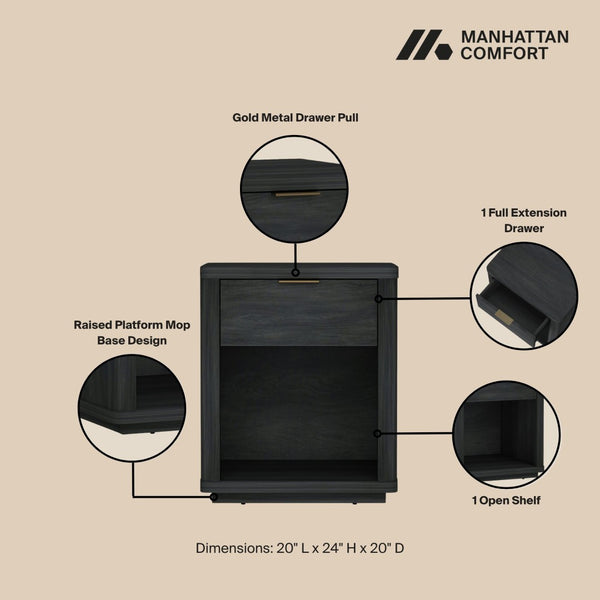 Manhattan Comfort Evelyn Elegant Modern Nightstand With Full Extension Drawer For Timeless Bedroom Serenity Charcoal Grey Mdf Ns011-ch