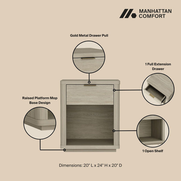 Manhattan Comfort Evelyn Elegant Modern Nightstand With Full Extension Drawer For Timeless Bedroom Serenity Natural Mdf Ns011-na