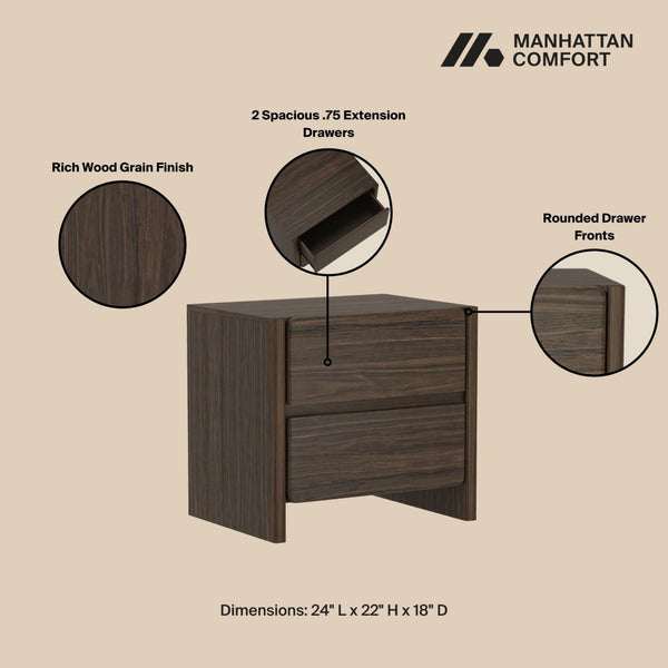 Manhattan Comfort Linda Modern Nightstand With 2 Drawers – Elegant Storage Solution For Bedrooms And Living Areas Walnut Brown Mdp Ns015-br