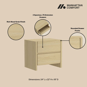 Manhattan Comfort Linda Modern Nightstand With 2 Drawers – Elegant Storage Solution For Bedrooms And Living Areas Natural Oak Mdp Ns015-na
