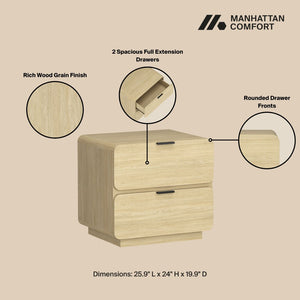 Manhattan Comfort Chrystie Contemporary Modern 26" Nightstand With Soft Curves And Spacious Drawers For Serenity Natural Mdp Ns016-na