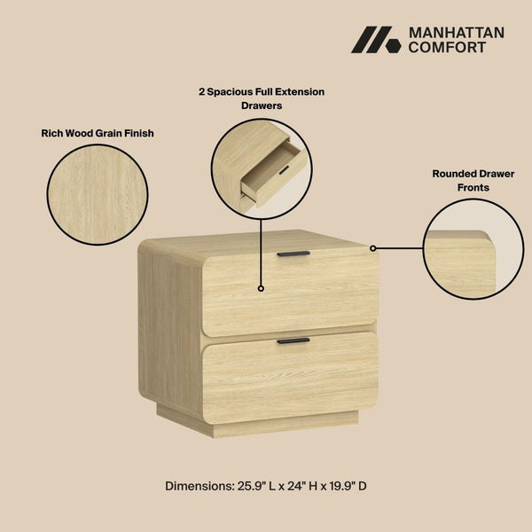 Manhattan Comfort Chrystie Contemporary Modern 26" Nightstand With Soft Curves And Spacious Drawers For Serenity Natural Mdp Ns016-na