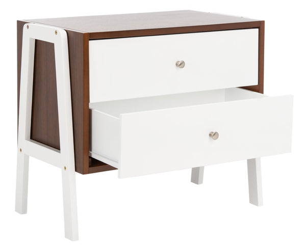 Safavieh Winchester Nightstand - Mid-Century Modern Design With Walnut Finish & White A-Frame Accents, 2 Drawers NST1400B