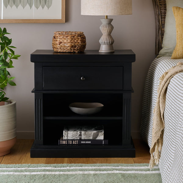 Safavieh Ahasu Nightstand - Elegant Acacia Craftsmanship With Spacious Storage For A Serene Bedroom Ambiance Black Accacia,Mdf,Veneer,Plywood Nst2403b