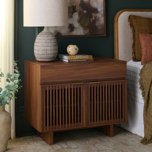 Safavieh Quaid 1 Drawer 2 Door Nightstand In Elegant Walnut Finish For Stylish Bedroom Storage Solutions Walnut ,Brass Pb ,Mdf Nst3104a