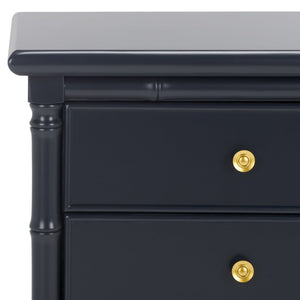 Safavieh Mina Modern Coastal Nightstand With Chinoiserie Bamboo Design And Ample Storage For Bedrooms Navy Blue / Gold NST3500A