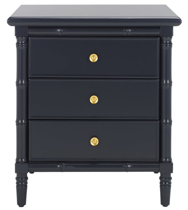 Safavieh Mina Modern Coastal Nightstand With Chinoiserie Bamboo Design And Ample Storage For Bedrooms Navy Blue / Gold NST3500A