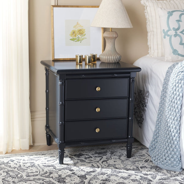 Safavieh Mina Modern Coastal Nightstand With Chinoiserie Bamboo Design And Ample Storage For Bedrooms Navy Blue / Gold NST3500A