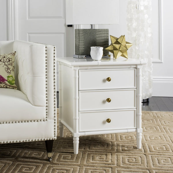Safavieh Mina Modern Coastal Nightstand With Chinoiserie Bamboo Design And Ample Storage For Bedrooms White / Gold NST3500B