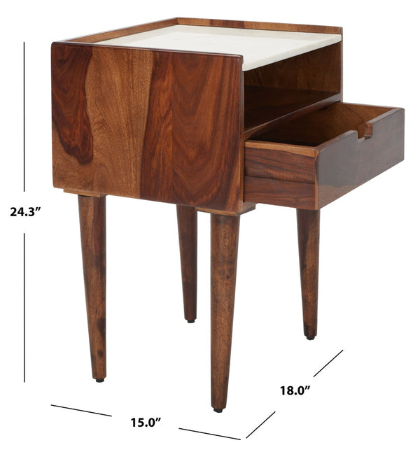 Safavieh Marion Elegant 1-Drawer Nightstand With White Marble Top & Walnut Body For Stylish Bedroom Storage NST3700A