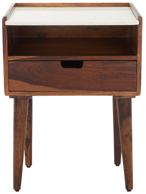 Safavieh Marion Elegant 1-Drawer Nightstand With White Marble Top & Walnut Body For Stylish Bedroom Storage NST3700A