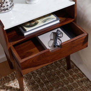 Safavieh Marion Elegant 1-Drawer Nightstand With White Marble Top & Walnut Body For Stylish Bedroom Storage NST3700A