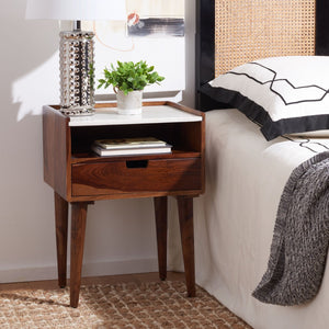 Safavieh Marion Elegant 1-Drawer Nightstand With White Marble Top & Walnut Body For Stylish Bedroom Storage NST3700A