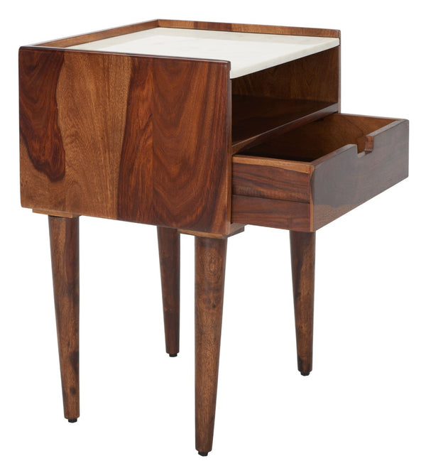 Safavieh Marion Elegant 1-Drawer Nightstand With White Marble Top & Walnut Body For Stylish Bedroom Storage NST3700A
