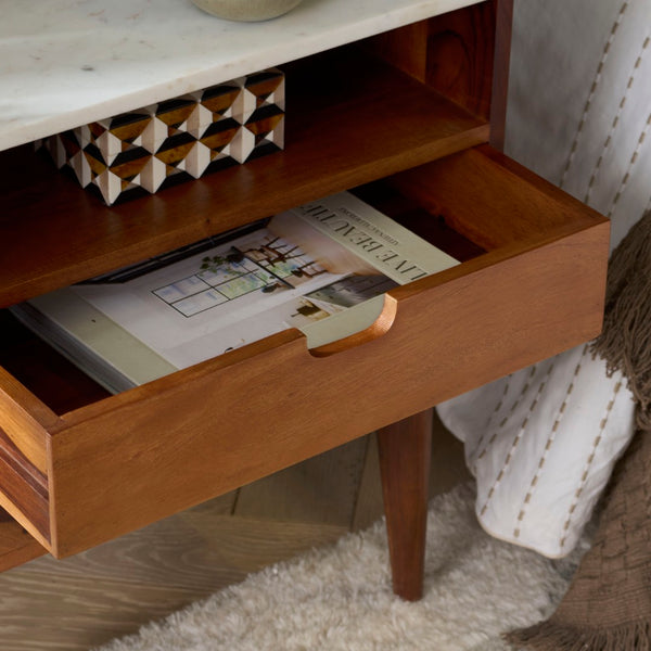 Safavieh Alexi 2 Drawer Nightstand - Retro-Rustic Design With White Marble Top & Brown Wood Finish For Style NST3701A