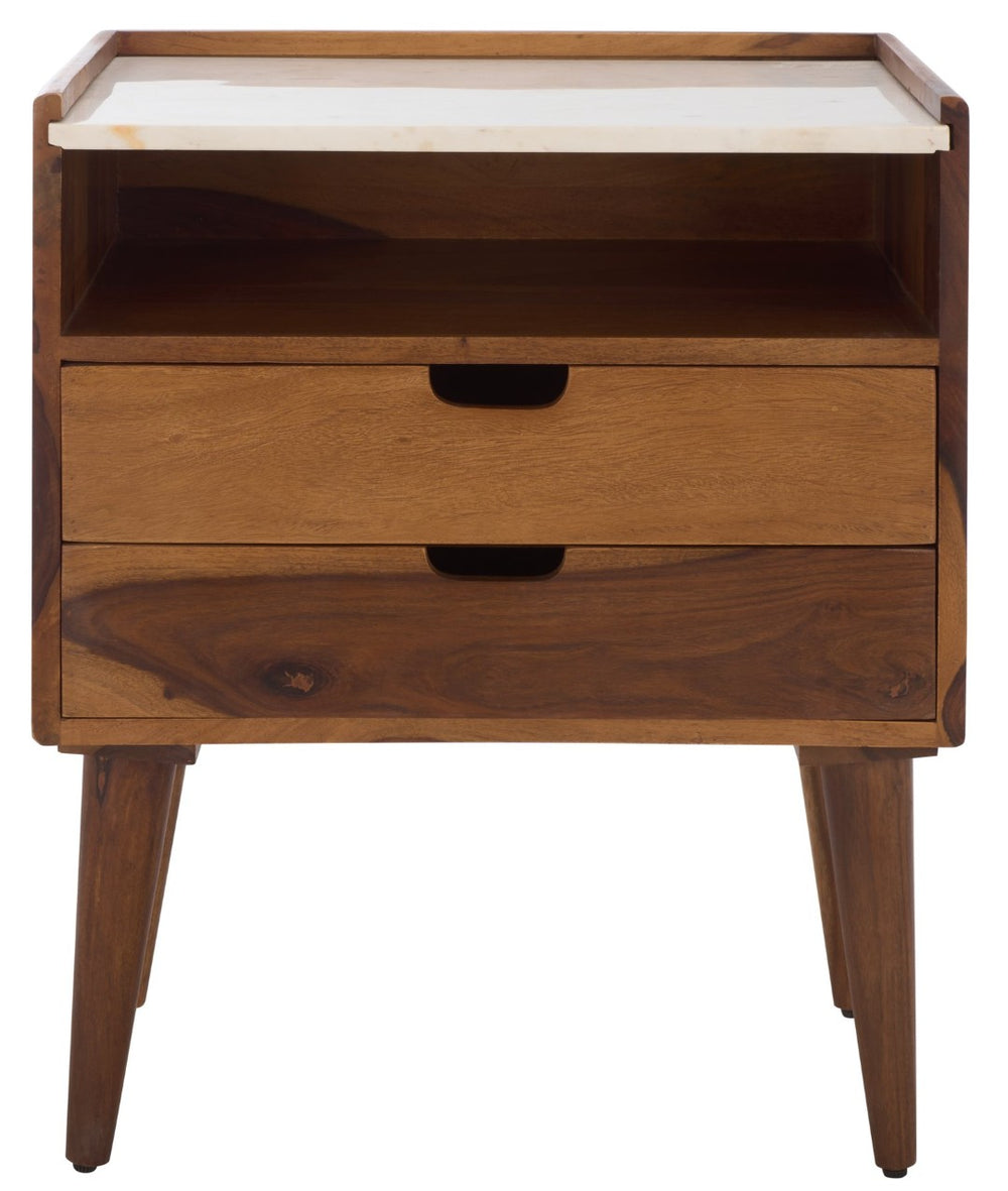 Safavieh Alexi 2 Drawer Nightstand - Retro-Rustic Design With White Marble Top & Brown Wood Finish For Style NST3701A