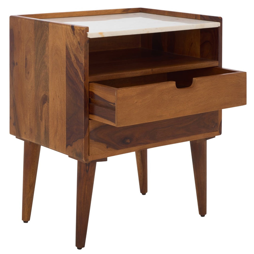 Safavieh Alexi 2 Drawer Nightstand - Retro-Rustic Design With White Marble Top & Brown Wood Finish For Style NST3701A