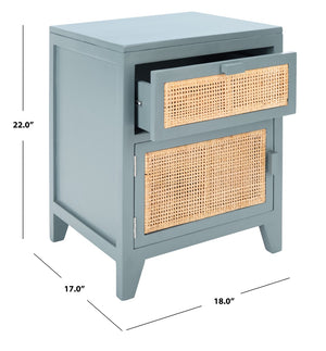 Safavieh Devon Coastal-Inspired Nightstand With Rattan Accents, 1 Drawer & 1 Door For Bedroom Storage Solutions Blue Grey/Natural NST4002B