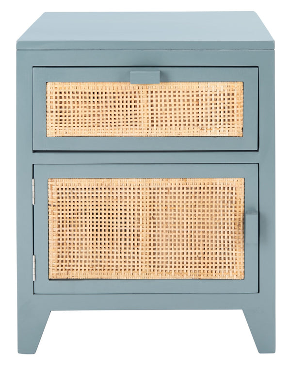 Safavieh Devon Coastal-Inspired Nightstand With Rattan Accents, 1 Drawer & 1 Door For Bedroom Storage Solutions Blue Grey/Natural NST4002B